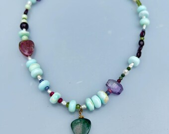 Watermelon Tourmaline slice mixed gemstone necklace