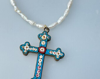 Rare daisy micromosaic cross necklace