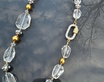 Rock crystal and French rhinestone bead carabiner necklace
