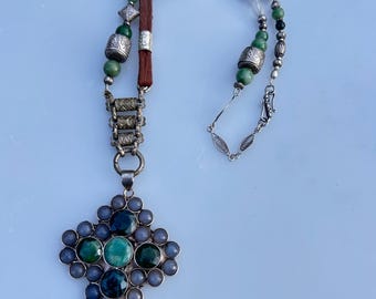 Green statement boho cross necklace