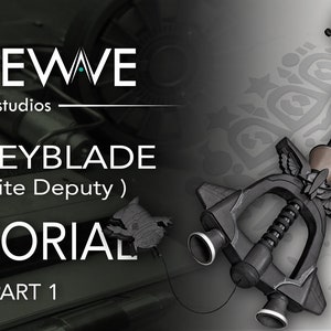 May include: Image featuring a KH3 Keyblade (Favorite Deputy) tutorial. The keyblade is black and gray with intricate details, and a stylized illustration of a character is on the right. The text "GIVEWE studios" is at the top.
