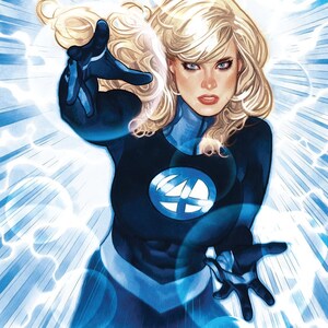 May include: A woman with long blonde hair wearing a blue and black superhero costume with a large number "4" on the chest. She is surrounded by a blue and white energy field.