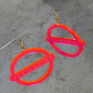 May include: A pair of pink acrylic earrings with the word "Jubilation" written on them.