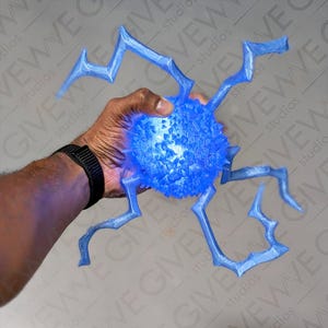 May include: A bright blue, textured, spherical object with jagged, lightning-bolt-shaped protrusions extending outward in multiple directions. The surface of the central sphere appears crystalline and uneven, emitting a vibrant, glowing blue light.