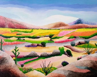 Anza Borrego Desert, San Diego  - Wildflowers Blooms Original Oil Painting On Canvas 18" Height x 24" Width x 3/4" Profile