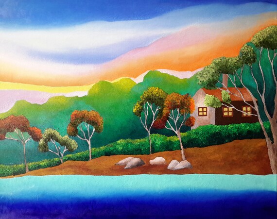 A Peaceful Cabin By The Lake At Sunset Original Acrylic Etsy