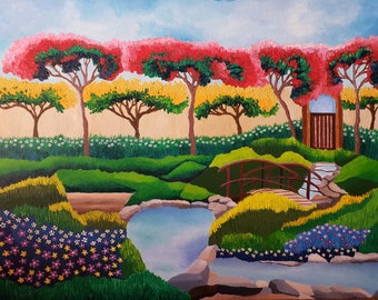 Peaceful Garden And Pond Original Acrylic Painting On Canvas 16" Height x 20" Width x 3/4" Profile