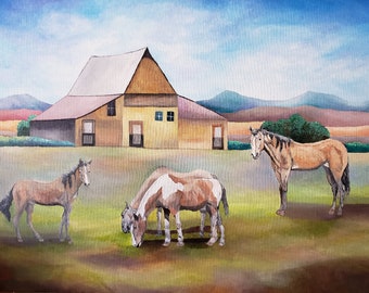 Beautiful Horses Grazing In The Field And The Ranch Original Acrylic Painting 18" x 24" On Linen in 7/8" Profile