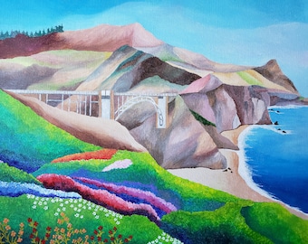 Beautiful Big Sur Coast And Beach In California Original Acrylic Painting 12" Height x 16" Width x 1 & 1/2" Gallery Profile