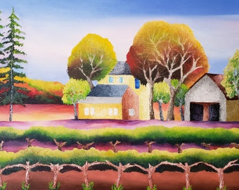 Original Oil Painting " Vineyard And Farm In Fall Colors " Original Oil Painting On Canvas 18 " Height x 24 " Width Traditional Profile