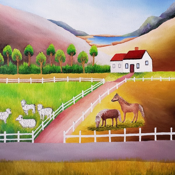 Country Farm And Ranch In The Countryside Of San Diego Original Oil Painting On Canvas 16 " Height x 20 " Width Traditional Profile