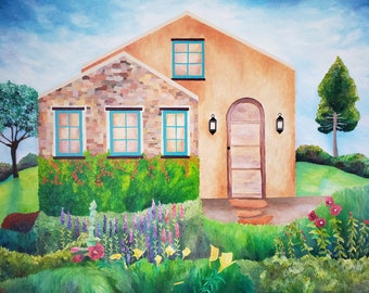 Beautiful Stone House And Garden - Original Acrylic Painting 24" x 30 " On Linen In Gallery Profile