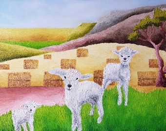 Farm - Sheep - Hay Field Original Oil Painting On Canvas 16" Height x 20" Width 3/4" Traditional Profile