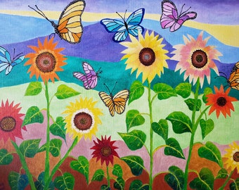 Fields Of Gold - Sunflowers And Butterflies Original Acrylic Painting On Linen 16 " x 20 " x 3 / 4 " Profile