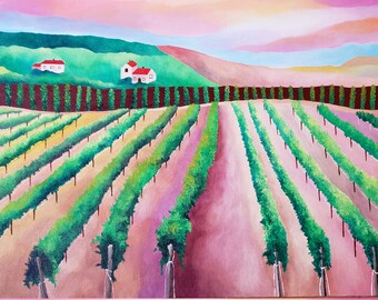 Dramatic California Vineyard At Sunset Original Acrylic Painting On Canvas 24 " Height X 36 " Width X 1 & 1 / 2 " Gallery Profile