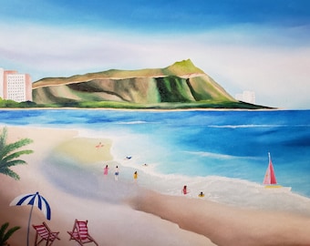 Hawaii - Diamond Head And Waikiki Beach Original Oil Painting On Canvas 18 " Height x 24 " Width x 3 / 4 " Tradional Profile