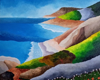 Beautiful California Coast Original Acrylic Painting On Canvas 20" Height x 20" Width x 1 & 1/2" Gallery Profile