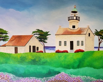 A Lighthouse And The Sea (Point Loma Lighthouse, San Diego) Original Acrylic Painting On Canvas 16" Height x 20" Width x 3/4" Profile