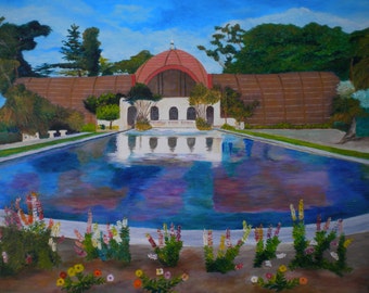 Colorful and Tranquil Original Acrylic Painting of Beautiful Balboa Park Lily Pond and Botanical Building is 22"X28"X1.5" in gallery profile