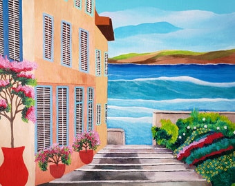 A Mediterranean Villa By The Sea Original Acrylic Painting 14" Height x 18" Width x 3/4" Profile