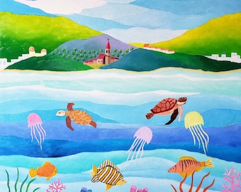 The Mediterranean Sea And Undersea World Original Acrylic Painting 14" Height x 18" Width x 3/4" Profile