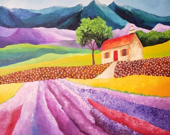 Provence Lavender Field Painting: French Alps Acrylic Art, 20x20