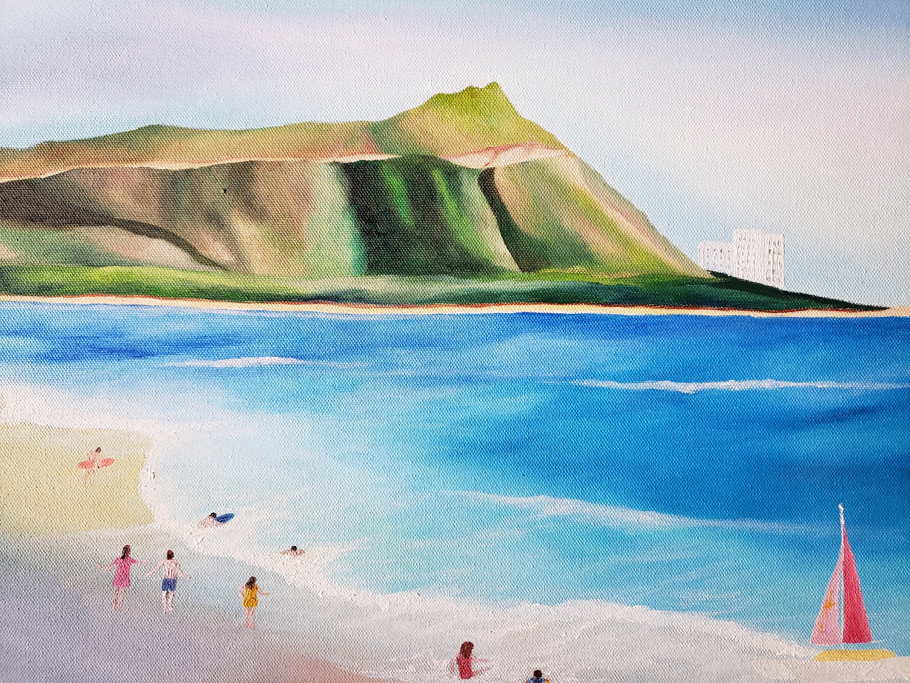 Diamond Head Waikiki Beach Oil Painting: Hawaii Seascape Art