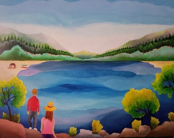 Peaceful Hiking By The Lake Original Oil Painting On Canvas 16" Height x 20" Width x 1 & 1/2" Gallery Profile