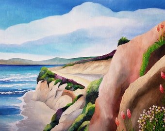 California Coast Oil Painting: Beach and Wildflower Landscape, 16x20