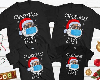 Personalized Christmas 2021 Santa Claus Face Mask Matching Family Pajamas, Group Xmas Pjs Top, Funny Family Virtual Holiday Party T-Shirt