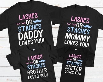 Personalized Lashes Or Staches Family Gender Reveal Party Shirt Custom Boy Or Girl Baby Reveal T-shirt Pregnancy Reveal Matching Family Tees