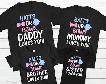 Personalized Baits or Bows Family Gender Reveal Party Shirt Custom Fishing Theme Baby Reveal Tee Pregnancy Reveal Ideas Matching Family Tees