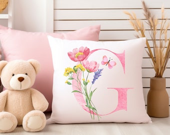 Personalized Wildflower Pink Alphabet Letter Square Pillow Custom Initial Throw Pillow Monogram Pillow Wildflower Nursery Decor Gift Newborn