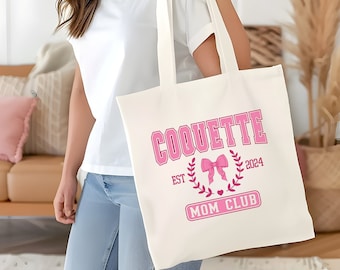 Custom New Mom Est Cotton Canvas Tote Bag Coquette Mom Club Pink Bows Tote New Mom Mother's Day Gift Mom To Be Tote Bag First Time Mom Gift