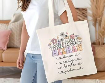 Custom Meemaw Cotton Canvas Tote Bag With Grandkids Names Meemaw Floral Tote Meemaw Mother's Day Gift Retro Meemaw Flowers Tote Meemaw Gift