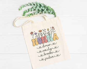 Custom Nonna Cotton Canvas Tote Bag With Grandkids Names Nonna Floral Tote Nonna Mother's Day Gift Retro Nonna Flowers Tote Nonna Birthday