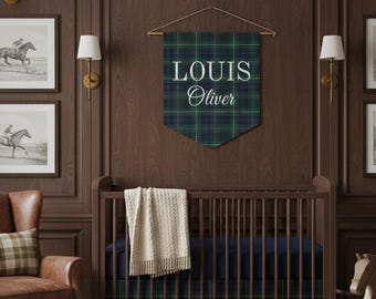 Vintage Preppy Navy & Green Tartan Name Pennant Personalized Plaid Wall Banner Custom Name Nursery Decor Old Money Equestrian Kids' Rooms