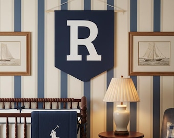 Custom Initial Pennant Vintage Preppy Name Banner Personalized Navy and White Letter Wall Hanging Old Money Boy Nursery Kids Room Decor