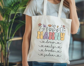 Custom Nanny Cotton Canvas Tote Bag With Grandkids Names Nanny Floral Tote Nanny Mother's Day Gift Retro Nanny Flowers Tote Nanny Birthday