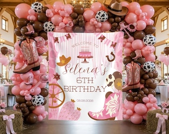 Fondo de cumpleaños de vaquera, pancarta personalizada para fiesta de rodeo, letrero de bienvenida rosa para cumpleaños del oeste, tapiz para fiesta de vaquera, decoración de cumpleaños campestre rosa