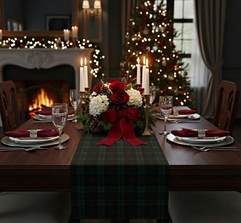 May include: A dark green and black plaid table runner centered on a wooden dining table. The runner features a floral centerpiece with red roses, white hydrangeas, and a large red velvet bow, flanked by tall white taper candles in gold holders.