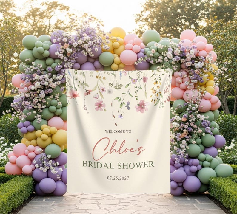 Pu&ograve; includere: Un banner color crema con dettagli floreali e la scritta "Welcome to Chloe's Bridal Shower" e la data 07.25.2027. Il banner &egrave; incorniciato da un arco di palloncini colorati. L'arco &egrave; fatto di palloncini dai colori pastello.