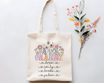 Custom Grammy Cotton Canvas Tote Bag With Grandkids Names Grammy Floral Tote Grammy Mother's Day Gift Retro Grammy Flowers Tote Grammy Gift