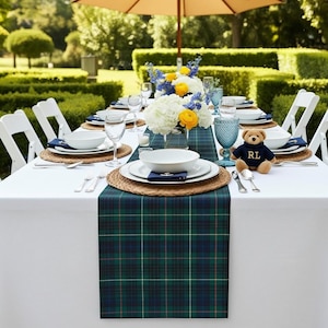 Vintage Preppy Baby Shower Table Runner Navy & Green Tartan Plaid Table Decor Old Money Aesthetic Luxury Equestrian Shower Tablescape Accent