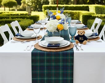 Vintage Preppy Baby Shower Table Runner Navy & Green Tartan Plaid Table Decor Old Money Aesthetic Luxury Equestrian Shower Tablescape Accent