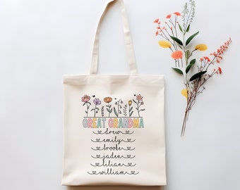 Custom Great Grandma Cotton Canvas Tote Bag With Great Grandkids Names Great Grandma Floral Tote Bag Great Grandma Mother's Day Gift Tote