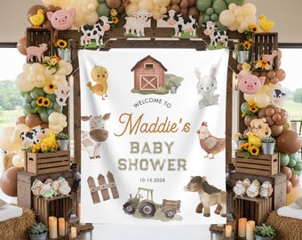 Painel de fundo para chá de bebê com tema de animais da fazenda, placa de boas-vindas personalizada com tema de fazenda, tapeçaria para chá de bebê com tema de fazenda, banner para festa com tema de trator, decoração para festa com tema de rancho.