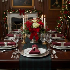 May include: A formal dining table set for a holiday meal with white plates, burgundy cloth napkins in silver rings, clear wine glasses, and silver cutlery. A centerpiece features red roses, white hydrangeas, pinecones, and tall white candles.