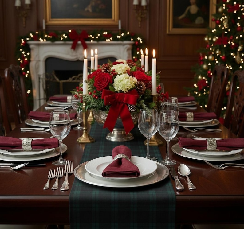 May include: A formal dining table set for a holiday meal with white plates, burgundy cloth napkins in silver rings, clear wine glasses, and silver cutlery. A centerpiece features red roses, white hydrangeas, pinecones, and tall white candles.