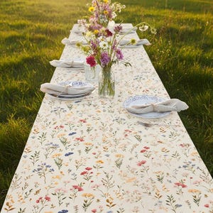 May include: A long, rectangular tablecloth with a cream background and a colorful floral pattern. The table is set with plates, napkins, and silverware. Vases of wildflowers are placed in the center of the table, creating a charming outdoor dining scene.